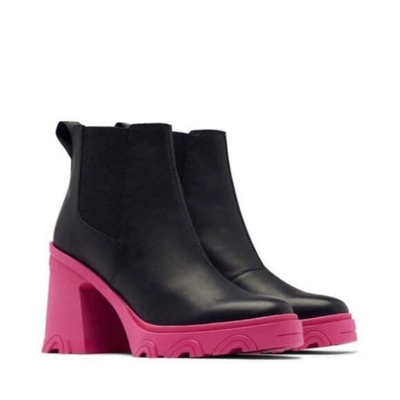 Sorel Brex Heel Lug Sole Chelsea Boots Black Pink Block Heel Ankle Booties 7 M - Picture 1 of 13